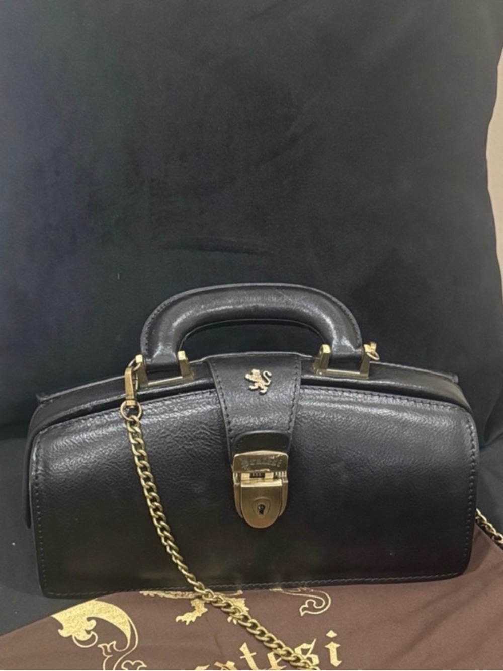 Black Leather Structured Crossbody Bag with Gold Hardware